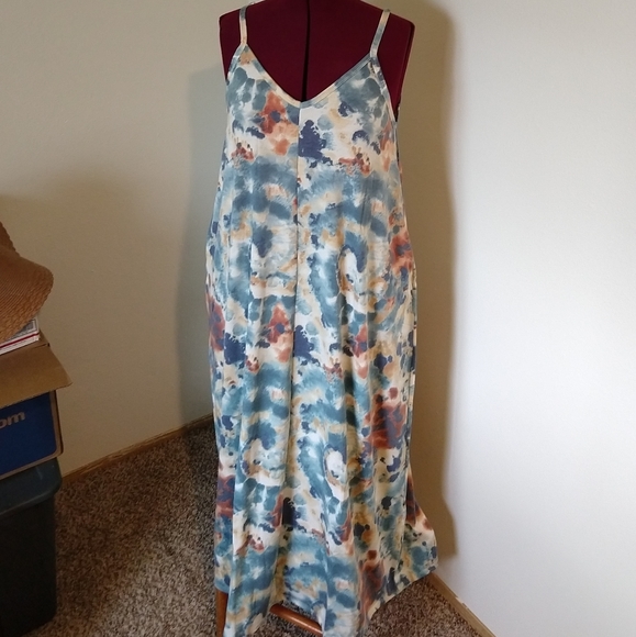 Blue Tie Dye Soft French Terry Cami Maxi Dress Plus Sized 2X - Picture 4 of 15